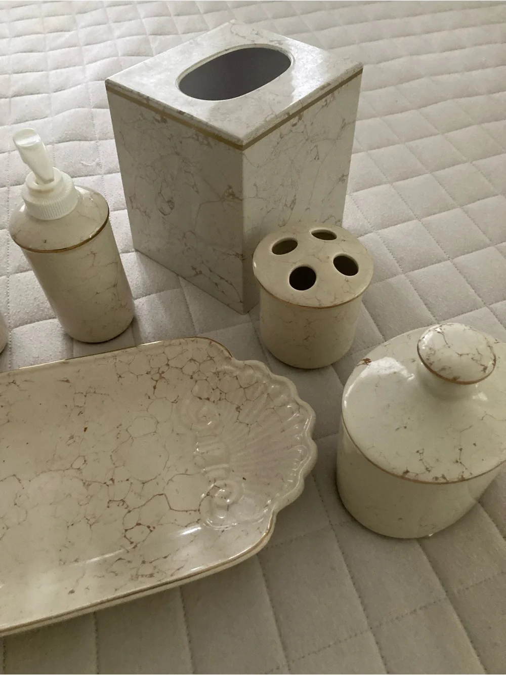 Cream/Beige Marble Style Bathroom Ceramic Accessory Set - 7-Piece